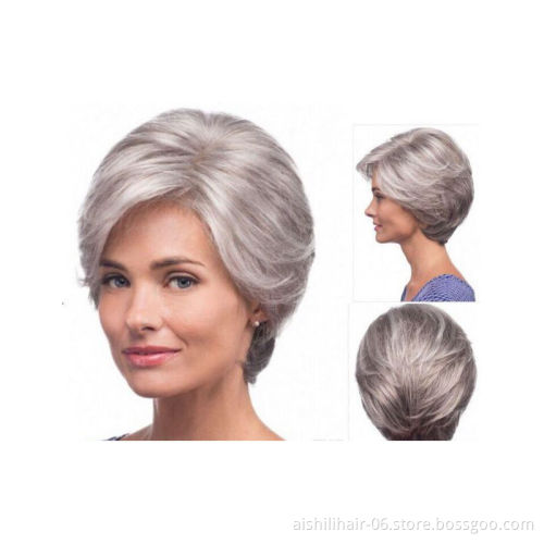 wholesale heat resistant silver-gray short natural straight hair synthetic hair wig for Older women